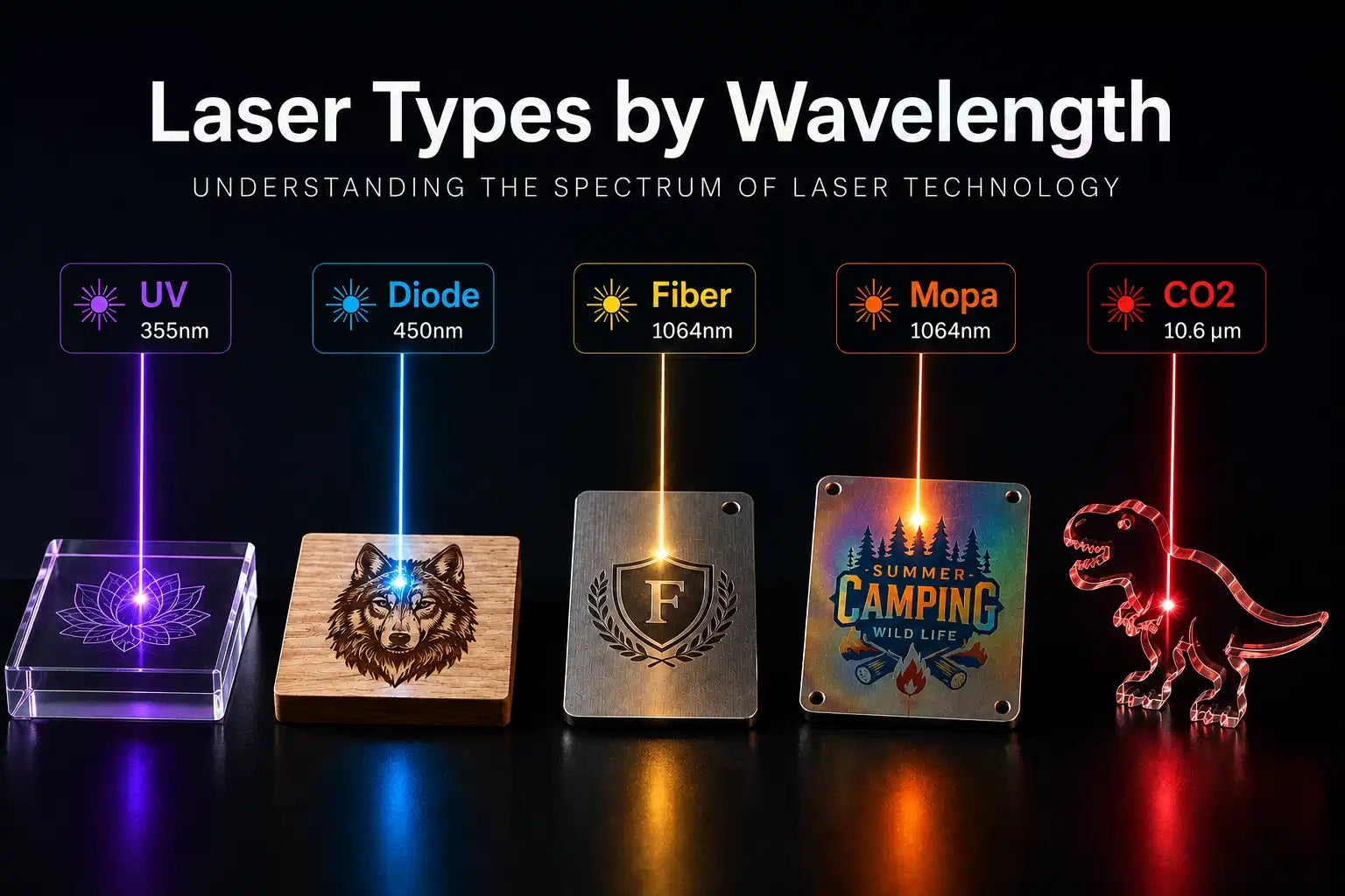 Arten von Lasergravierern im Vergleich: CO₂, Diode, Faser, MOPA und UV