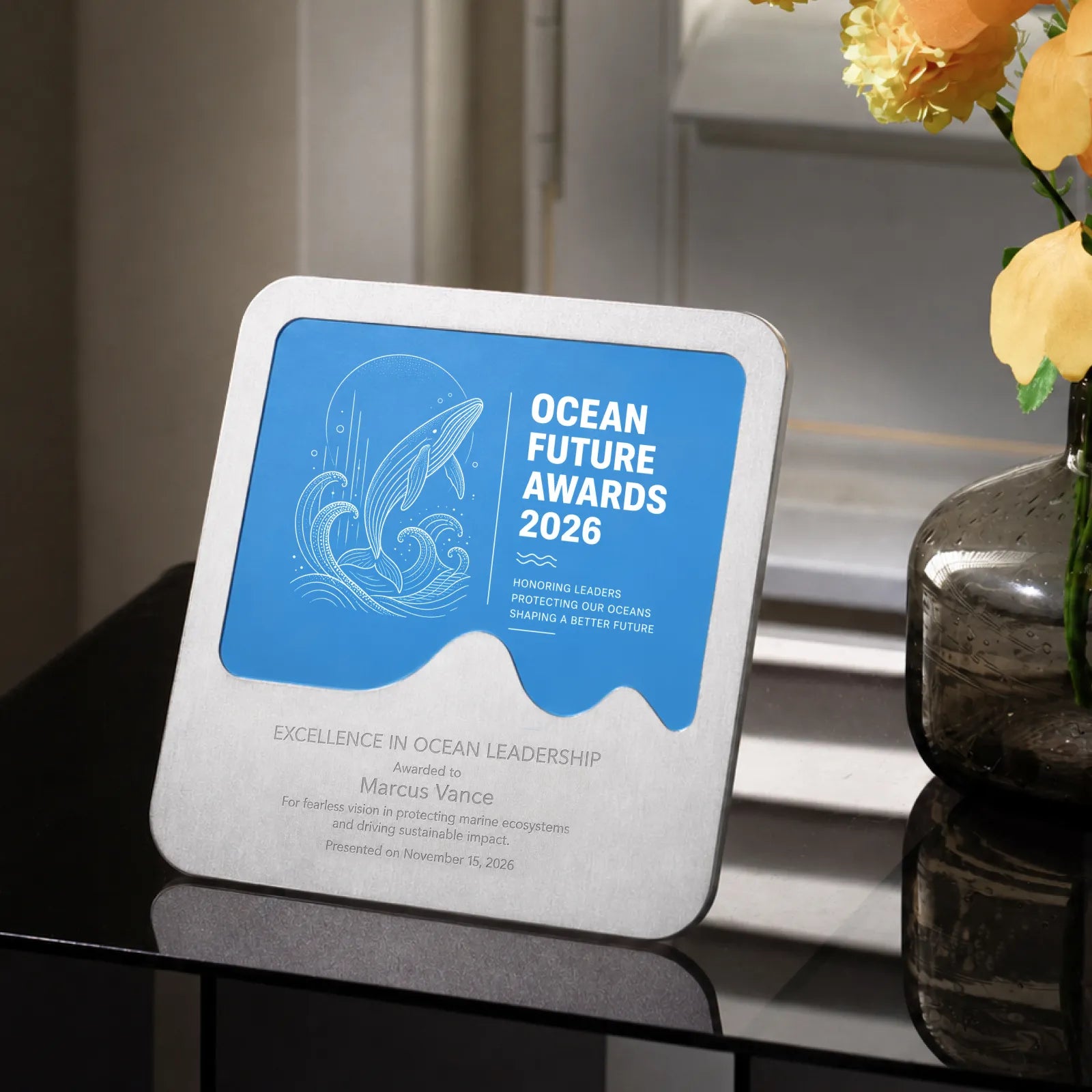 Blue and silver wavy metal award plaque 02