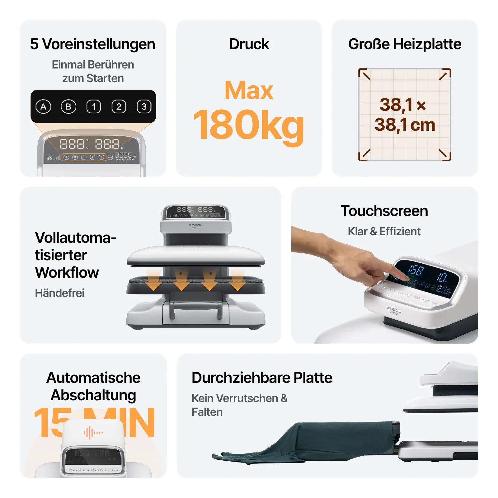 xTool Selected HP2 Auto-Heißpresse mit 38,1 × 38,1 cm Heizplatte.